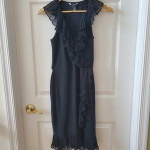 Black cocktail dress ruffle detail, faux wrap dress WHBM size 2